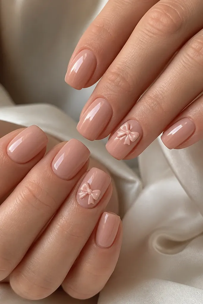 Short squoval nails with a sculpted nude base that has a glossy highlight near the center. On two accent nails, there's a tiny 3D bow charm near the cuticle, in pale pink with a glossy finish. Other nails are plain nude with a neat cuticle line.