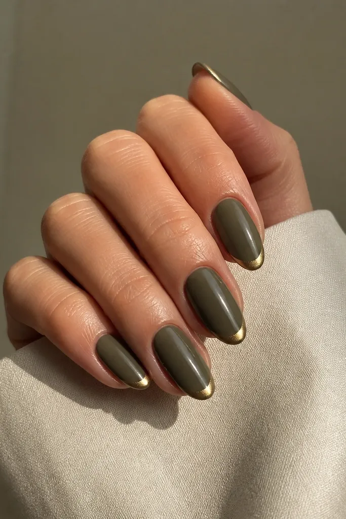 Medium almond nails painted in smoky olive with a slightly smoky, semi-satin finish. At the tip, a thin gold half-moon shape sits like a metallic crescent. The cuticle area is clean and nude-free.