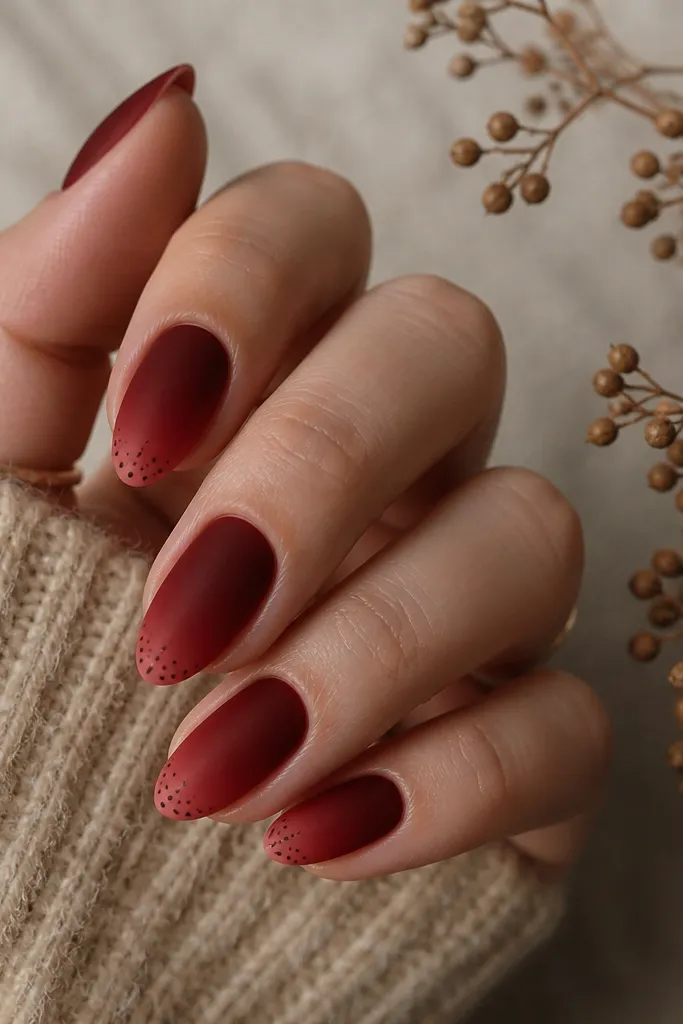 Medium almond nails with a deep red velvet ombre that fades from darker at the cuticle to softer toward the tip. The very tips have tiny black micro dots in a loose cluster pattern. The surface is matte-velvet, not glossy.