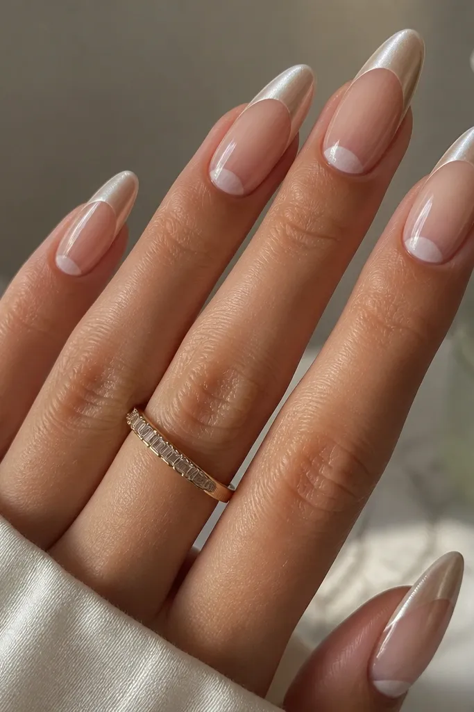 Long almond nails with a clear negative space at the cuticle area. The rest of the nail has a nude chrome French tip that looks pearly and metallic, while the middle is sheer nude. The finish is glossy and reflective.
