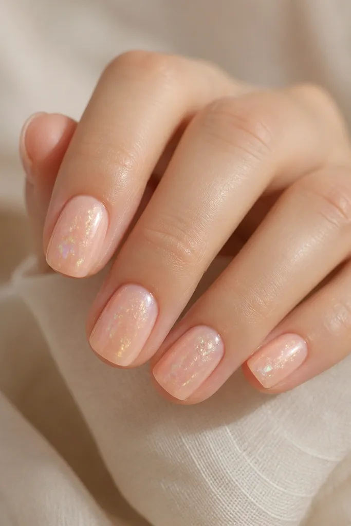 Short squoval nails in a soft peach opal base. Tiny holographic confetti flakes float near the center of each nail, not concentrated at the tip. The finish is glossy with a pearly opal glow.