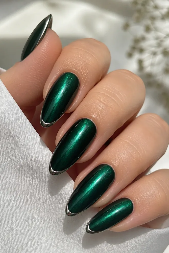 Long almond nails with a deep emerald cat-eye gel that creates a bright streak down the center. The tips have a thin silver line that follows the French shape, and the rest stays emerald. The finish is glossy and reflective.