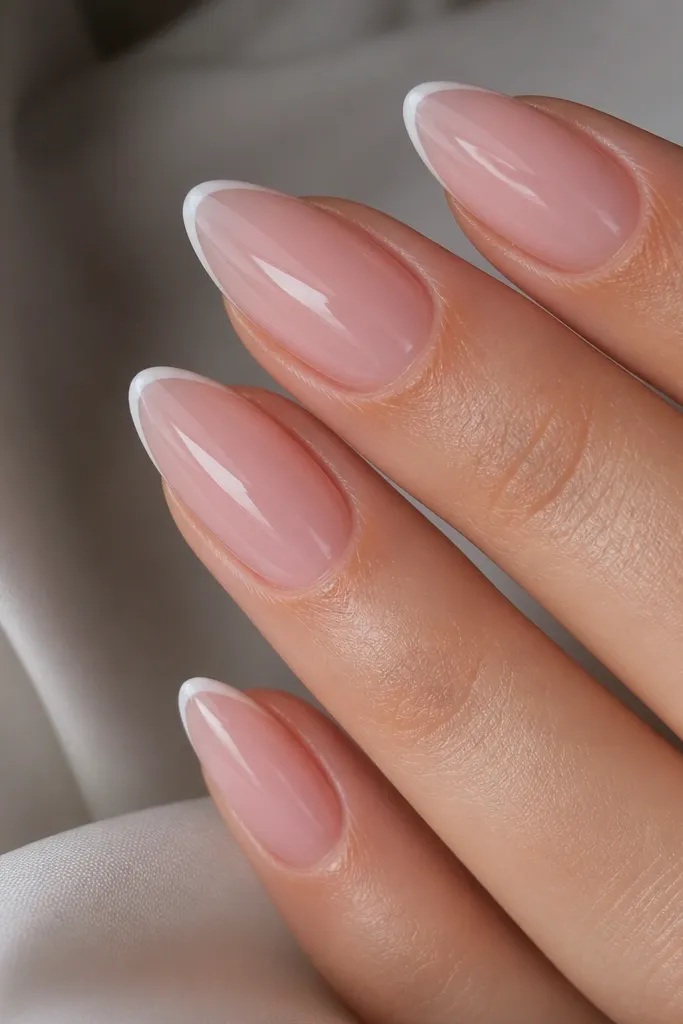 Close-up of almond nails in a milky blush pink. The tips have a very thin white French line, almost like a pencil stroke, staying narrow and crisp. The rest of the nail is sheer and glossy with a glass-like shine.