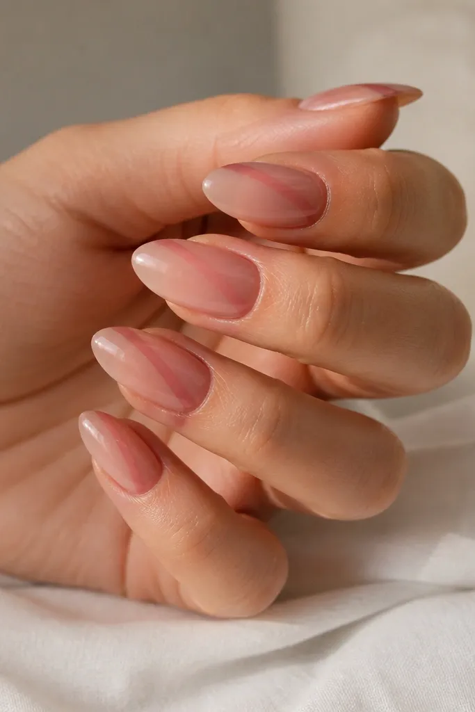 Almond nails in a sheer pink-rose base. On each nail, there is a single diagonal stripe on one side, made with a slightly deeper rose-pink gel, with clean edges. The stripe sits near the middle and the nails are glossy.