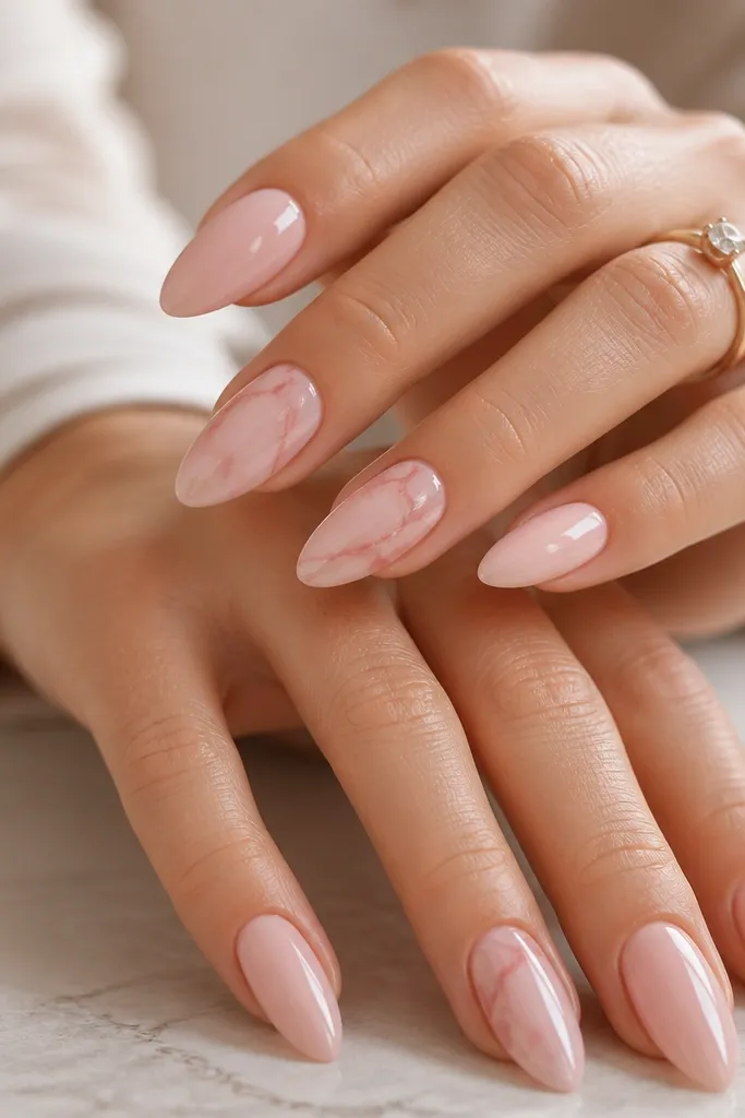 Almond nails with a soft blush pink base. A light marbled pattern appears like faint veins - pale white and slightly darker rose lines swirl across two nails per hand. Everything is glossy and smooth.