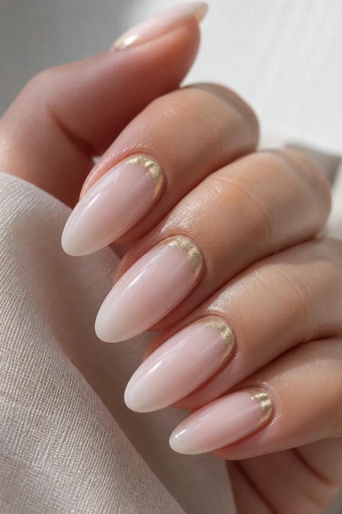 Almond nails with a sheer milky pink base. At the cuticle area, there is a soft crescent glow of champagne gold chrome that fades outward. The rest of the nail stays glossy and clean.