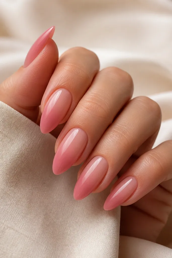 Almond nails with a smooth ombre fade from a deeper blush at the tip to a lighter sheer pink near the cuticle. There is no glitter; the gradient looks airbrushed and glossy throughout.