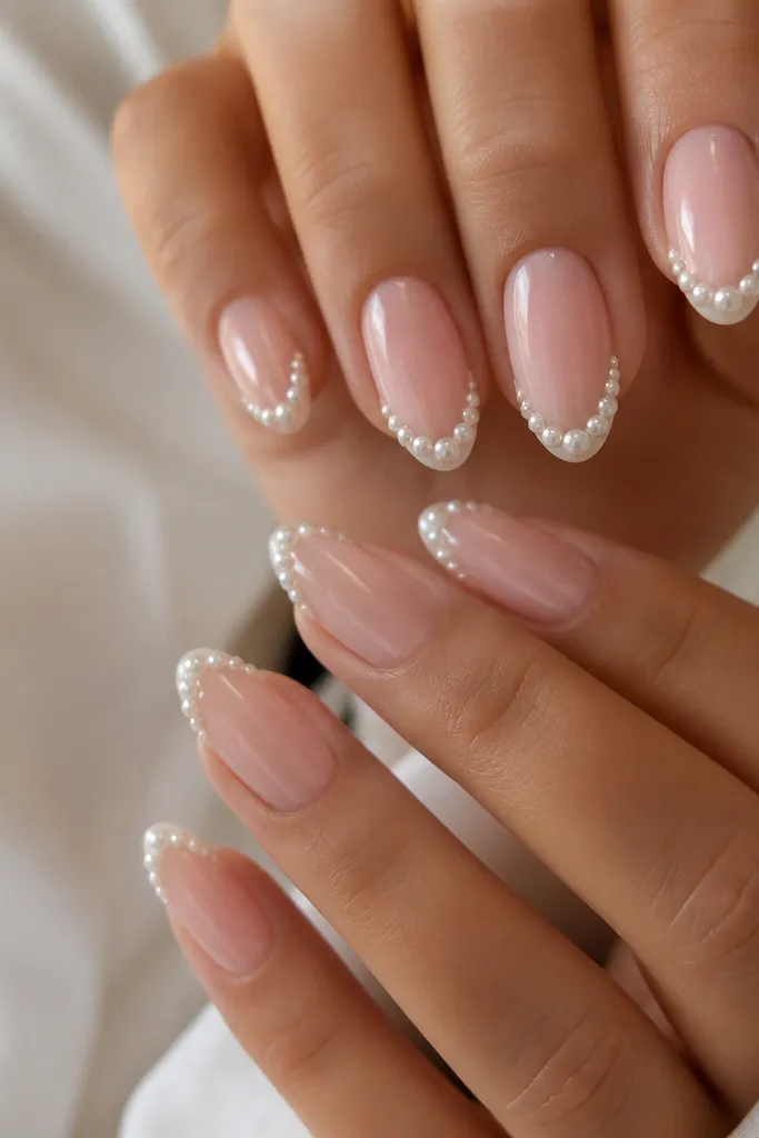 Almond nails in a pale pink base. At the tips, there are faux pearls arranged in a row - small rounded pearls on the outer half of the nail, leaving the inner tip mostly clear. The pearls look glossy and raised slightly but smoothly sealed.