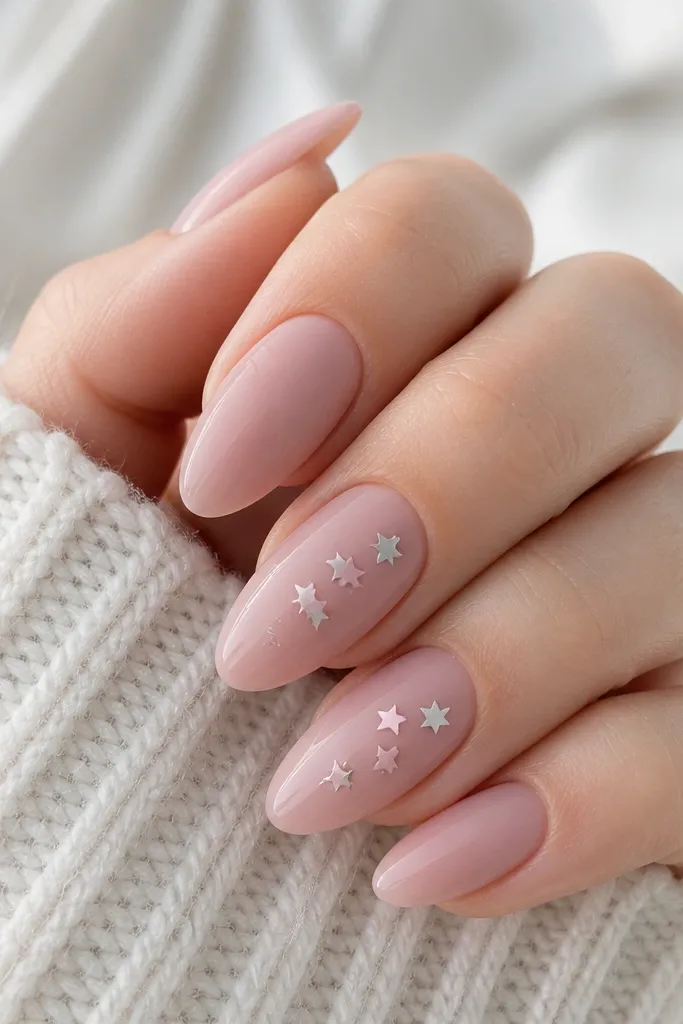 Almond nails in a soft dusty pink. The base is matte, then tiny star confetti pieces appear near the center of two nails - small silver and pale pink stars. The stars are sealed under a glossy top coat on top of the matte base.