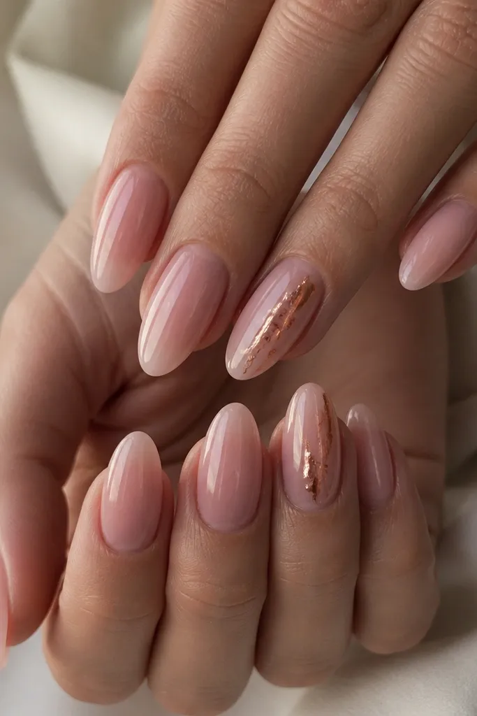 Almond nails in a sheer pink base. One or two nails have a thin rose-gold foil vein running diagonally from near the cuticle toward the tip, with irregular edges like shattered metal. The nails are glossy and clean.
