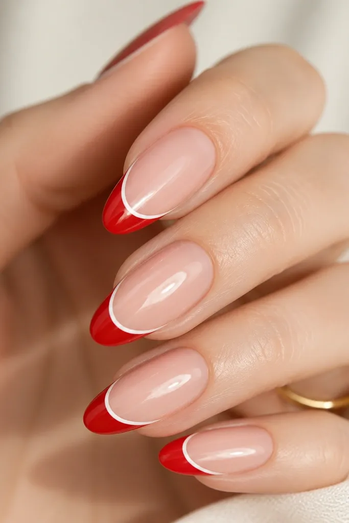 Almond nails with a classic French layout: the tips are painted a vivid red. A very thin white line sits between the natural nail base and the red tip, like a double-edge effect. The base is sheer nude, and everything is glossy.