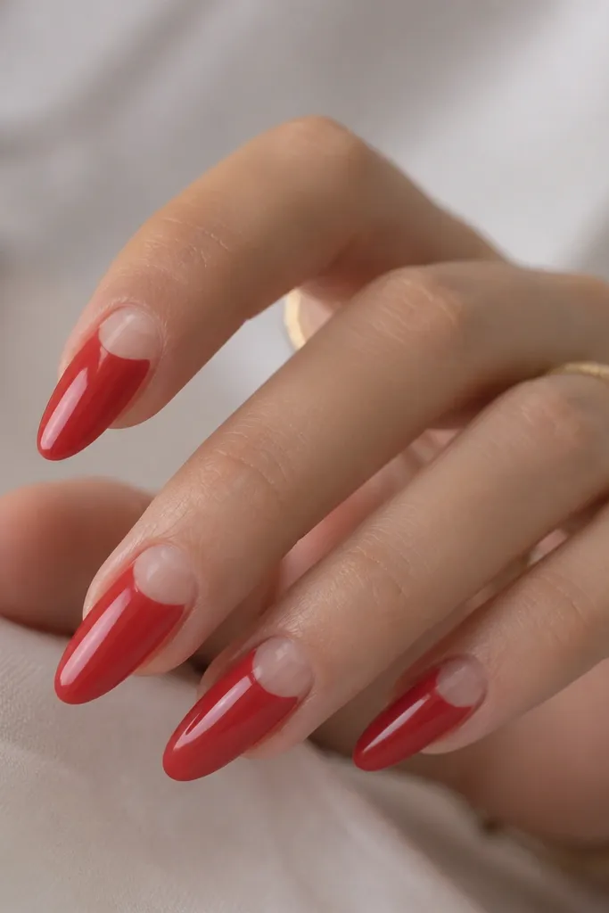Almond nails with a sheer nude base. A bold red band runs from mid-nail down to the tip, leaving a clear half-moon at the cuticle. The half-moon is glossy and transparent, with a sharp edge between red and clear.