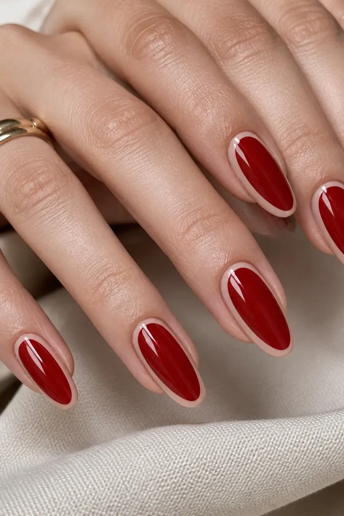 Almond nails in glossy red. Around the perimeter of each nail near the tip and side edges, there's a thin nude outline that follows the shape like a frame. The middle stays solid red with no extra art.