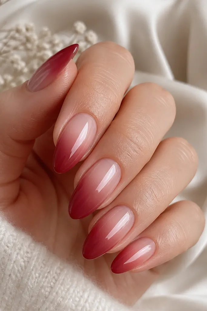 Almond nails with a soft ombré: the tips are a deep red fading into a smoky rose near the middle and a sheer nude near the base. The fade is smooth with no harsh line. Everything is glossy and evenly blended.