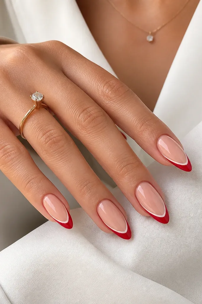 Almond nails with a sheer nude base. The tips are bright red, and there's a very thin white line inside the red, following the french curve; everything is glossy.