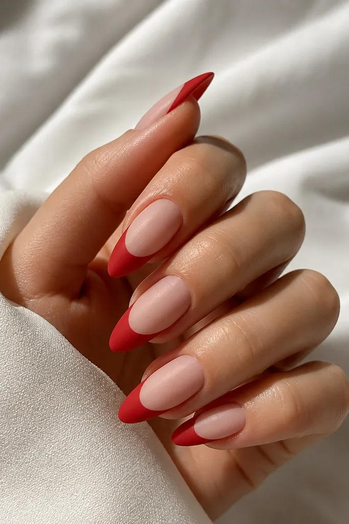 Almond nails with a sheer nude base and matte red french tips. The smile line is crisp, the almond outline is sharp, and the red looks velvety with no shine.