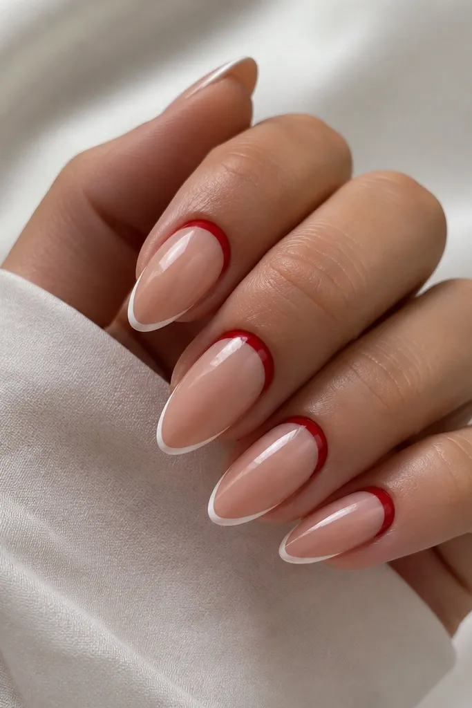 Almond nails with sheer nude base. A red band sits close to the cuticle across the nail, and the tip has a very thin white outline line; the set is glossy overall.
