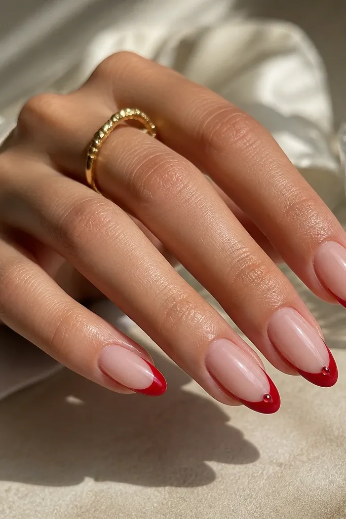 Almond nails with sheer nude base and glossy red french tips. On two nails, a single tiny red rhinestone sits at the outer corner of the french smile line, catching light.