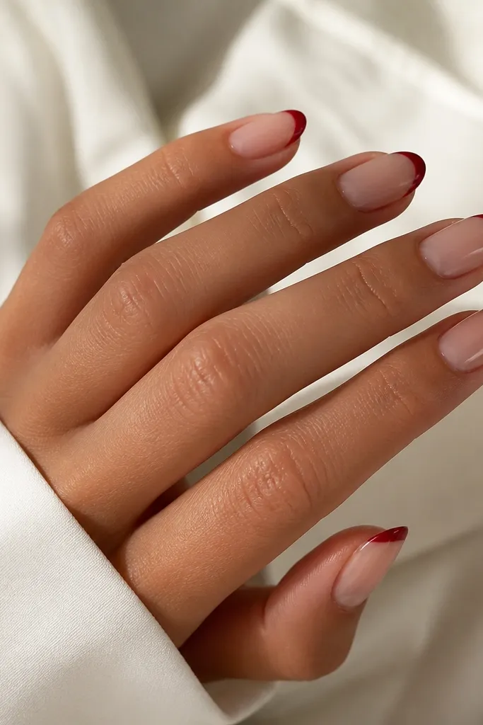 Almond red french tip nails that look modern