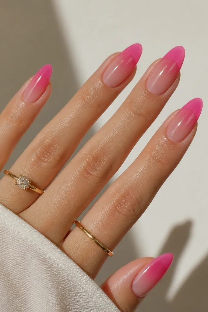 Almond nails with a translucent clear jelly base. The tips have hot pink coverage that fades slightly into the jelly, giving a juicy, glassy look.