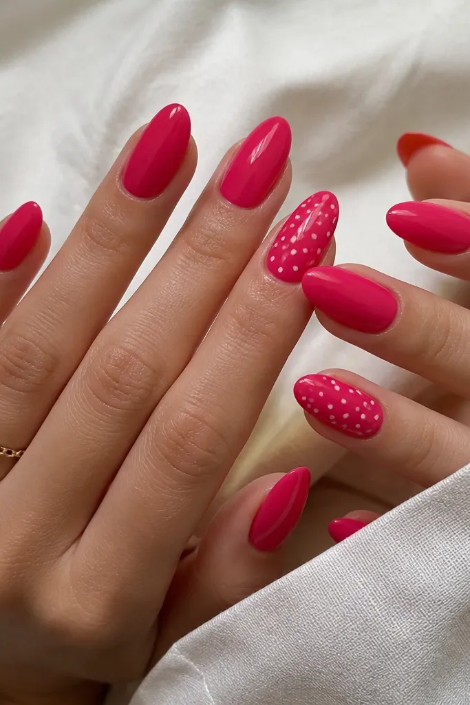 Glossy hot pink almond nails with a few accent nails showing tiny white micro polka dots. The dots are evenly spaced and look crisp, with clean cuticles and a glass finish.