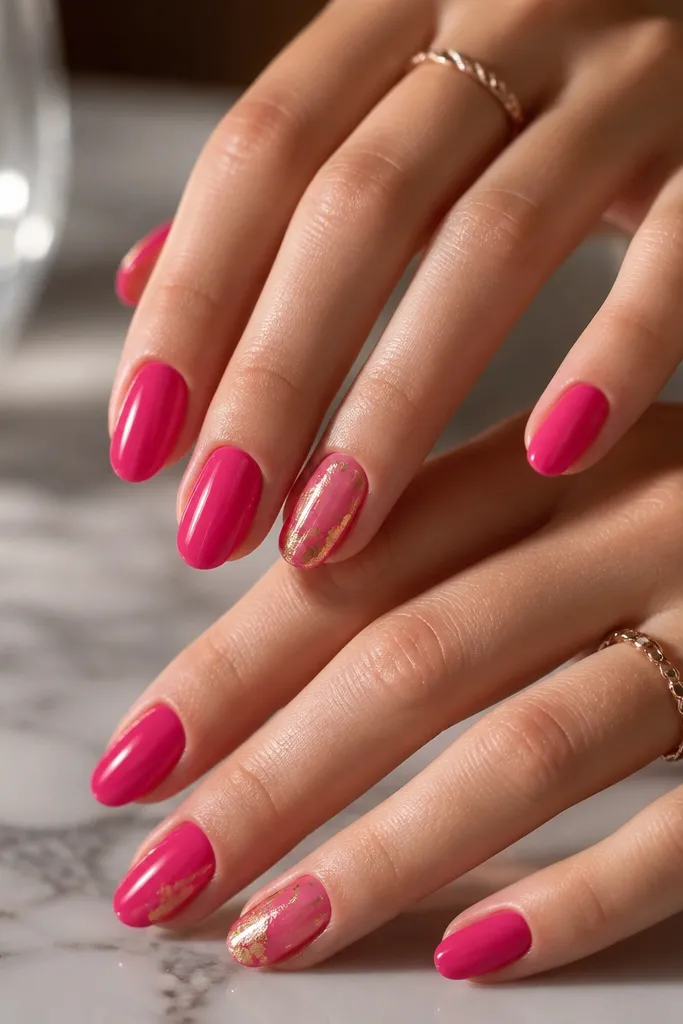 All nails are glossy hot pink except one or two accent nails with gold foil shards. The gold pieces look irregular and metallic, placed near the center and tip without covering the whole nail.