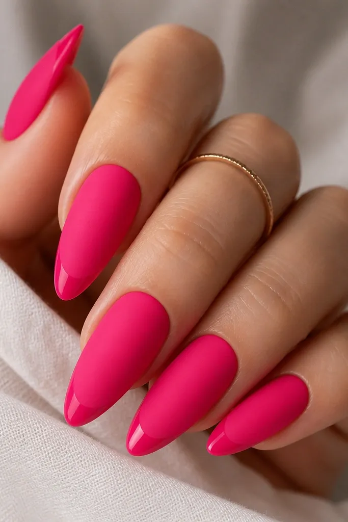 Almond nails with matte hot pink on the main nail surface and a glossy hot pink shine only on the tips. The finish contrast is obvious and clean, with a crisp line where matte meets gloss.