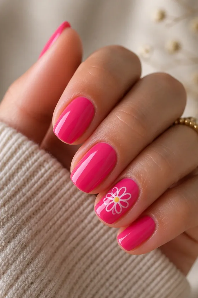 Most nails are glossy hot pink. One accent nail has a white daisy outline near the center with small petals and a tiny yellow dot center, all crisp and clean on the hot pink background.