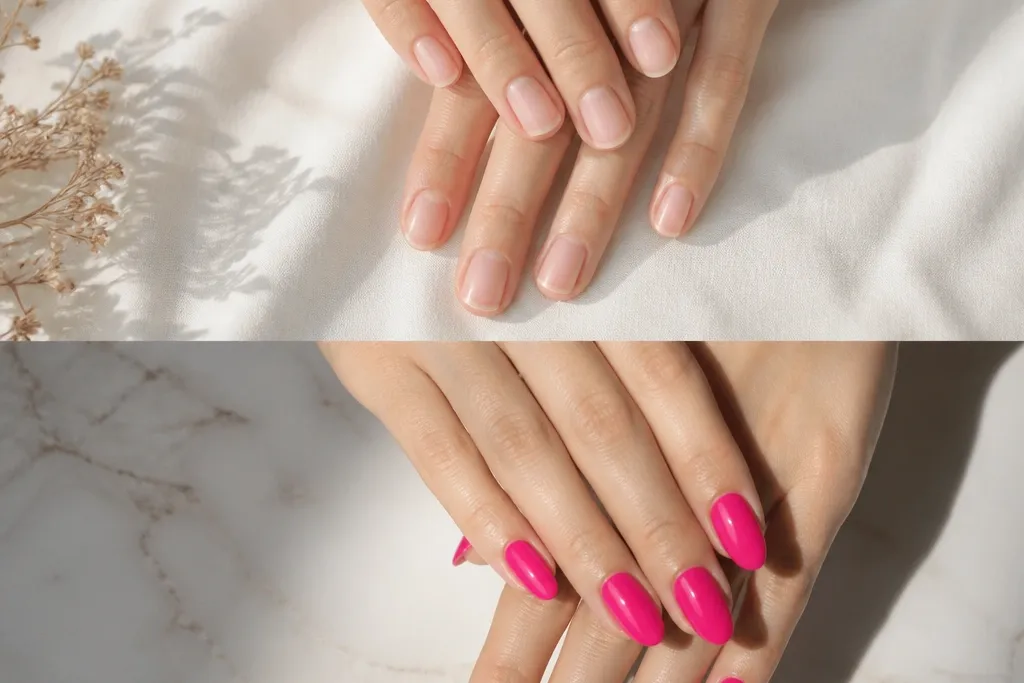 Before and After Hot Pink Almond Nails