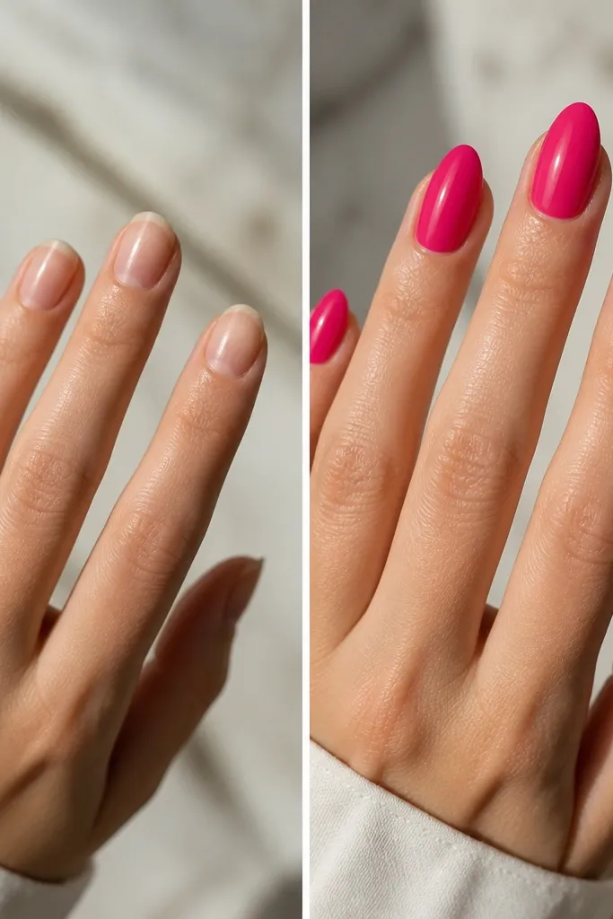 Before and After Hot Pink Almond Nails