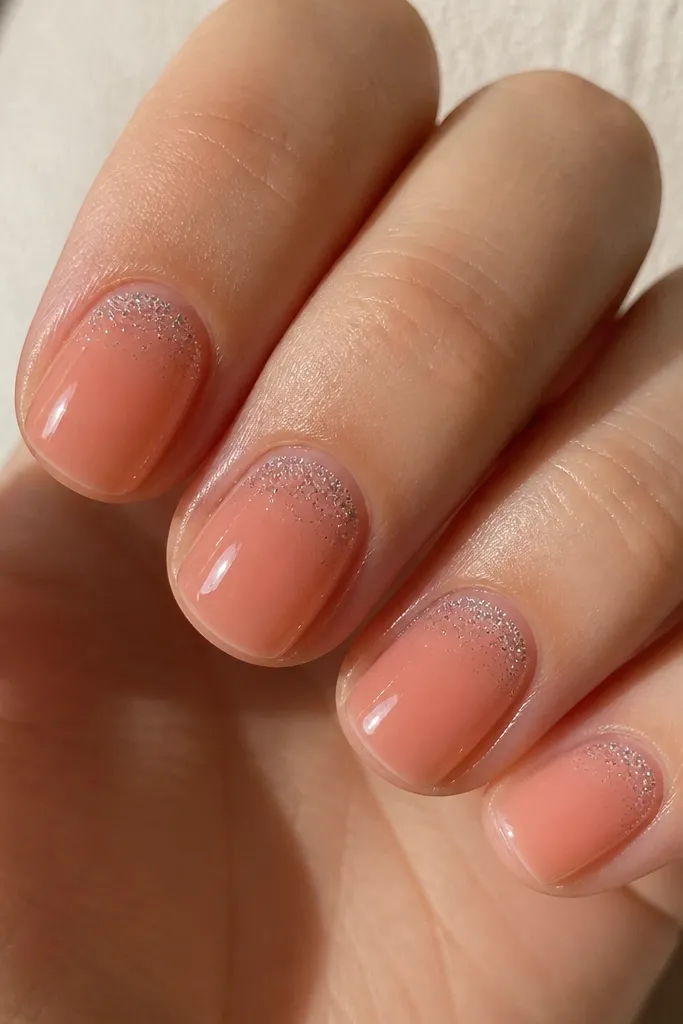 Close-up of short square nails on a light skin tone hand. Nails are coated in a translucent jelly peach. Around each cuticle there is a thin halo of fine silver micro-glitter that fades outward, with a high-gloss top coat reflecting sunlight.