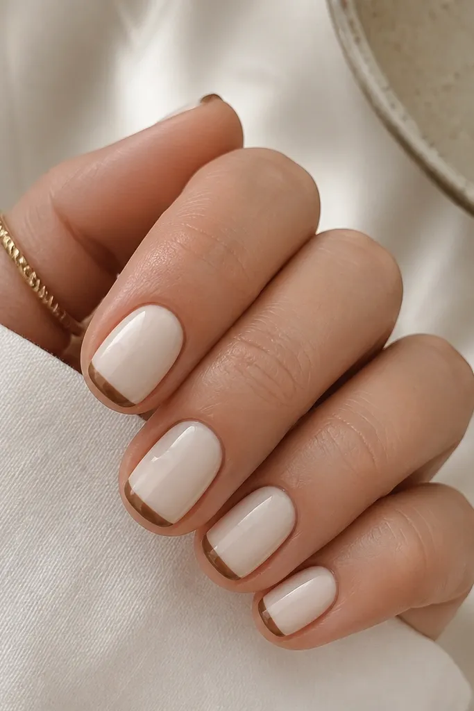 Short rounded nails with a creamy opaque coconut milk base. The tips are painted in a warm medium-brown line that looks like a French tip but slightly soft-edged, with a glossy finish.
