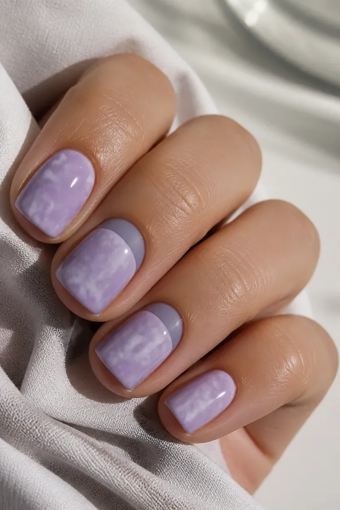 Short square nails in a soft lavender "cloud" finish with a slightly speckled, airy look. Two accent nails have a matte half-moon at the cuticle, while the rest of the nail is glossy. The contrast is visible under direct light.