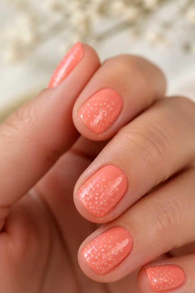 Close-up of coral BIAB nails with a glossy finish. There are tiny white dots scattered in a controlled pattern, mostly near the center and toward the tip, like miniature sunspots. The nails are short and rounded for a wearable look.