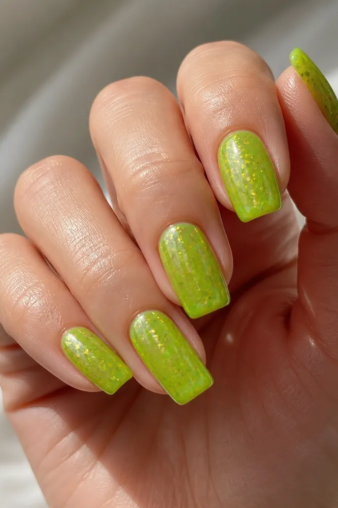 Medium-length nails painted in a bright lime green jelly. Under the glossy top coat, there are scattered tiny pieces of gold foil that look like flecks of confetti. The nails catch light and shimmer as the hand moves.