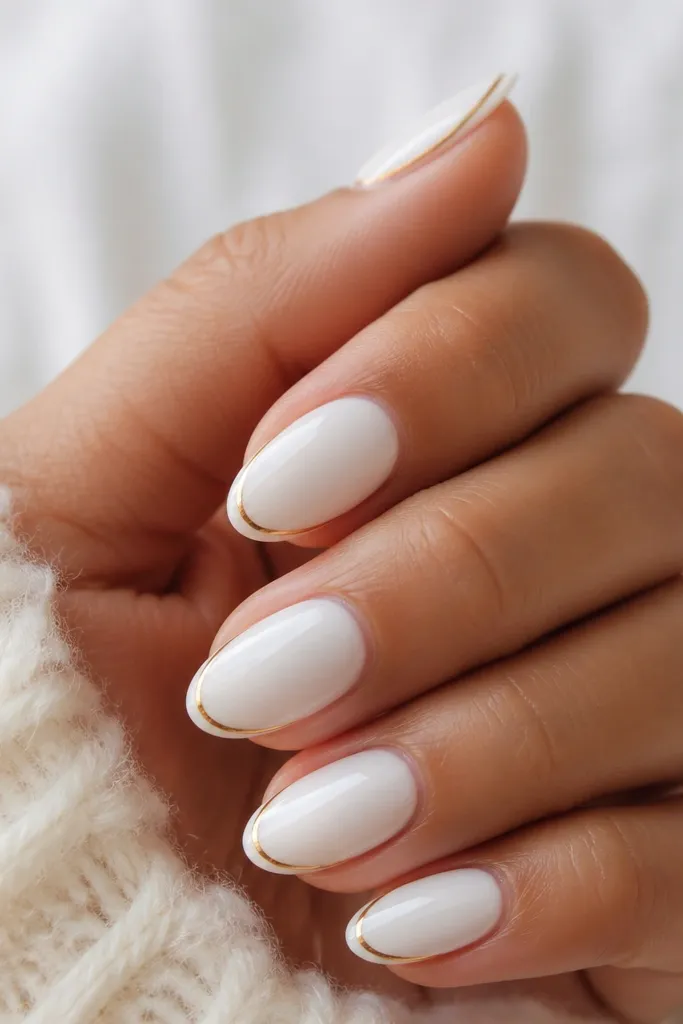Short almond nails with a creamy pearl white base. Each nail has a thin gold line that follows a smile curve near the tip, like a French tip but only a line. The gold is crisp and the finish is high-gloss.