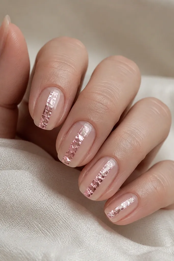Natural-looking nails with a clear jelly BIAB base. A single vertical strip of pink rose foil runs down the center on each nail, slightly irregular like a ribbon. Nails are glossy and look like they have light under them.