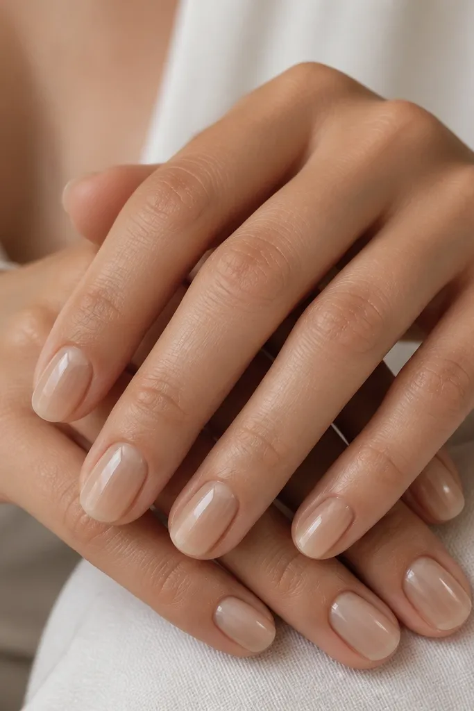 Short rounded nails in a soft sand beige. The tips are layered with a translucent jelly that looks slightly more glossy and lighter, creating a smooth ombre from beige to pale nude. The finish is very shiny throughout.