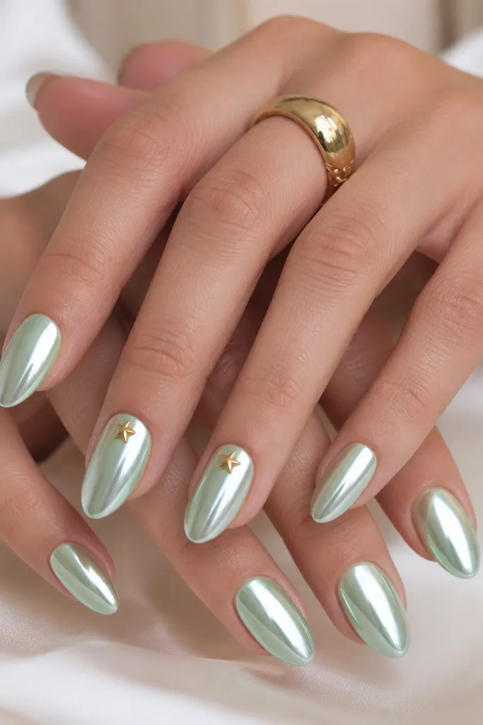 Medium almond nails with a mint chrome powder finish. Two nails also have tiny gold star studs near the cuticle line, spaced evenly. The chrome reflects like a mirror, and the studs look flat and secure.