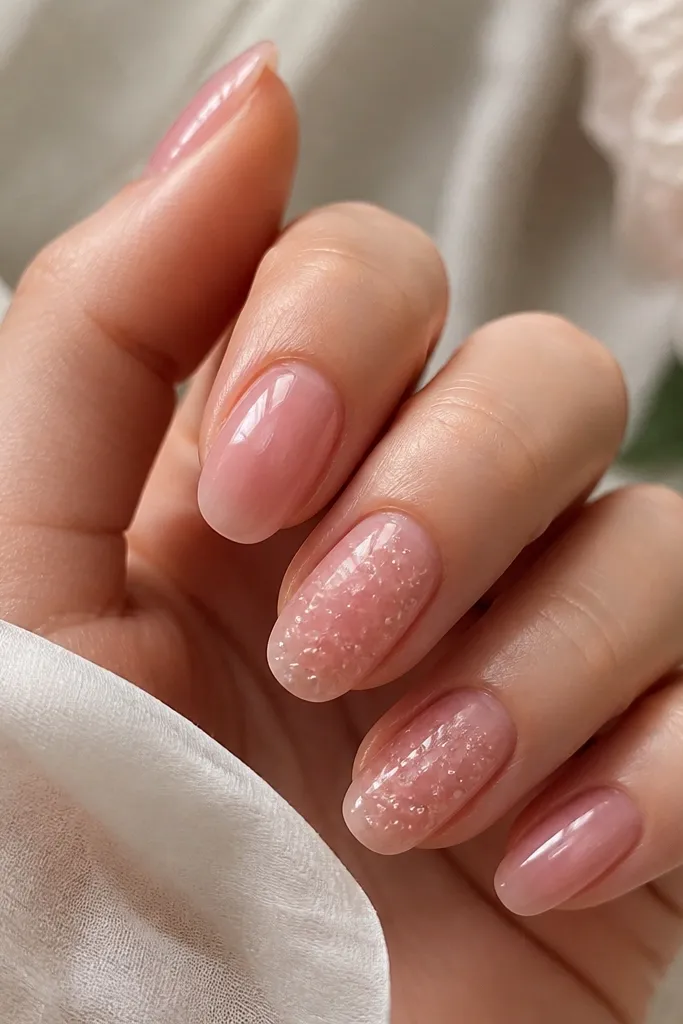 Medium oval nails in a translucent rose quartz pink. There are tiny clear "glass bead" bumps across one or two accent nails near the center, like melted sugar crystals. The rest of the nails are smooth and glossy, with a soft pink glow.