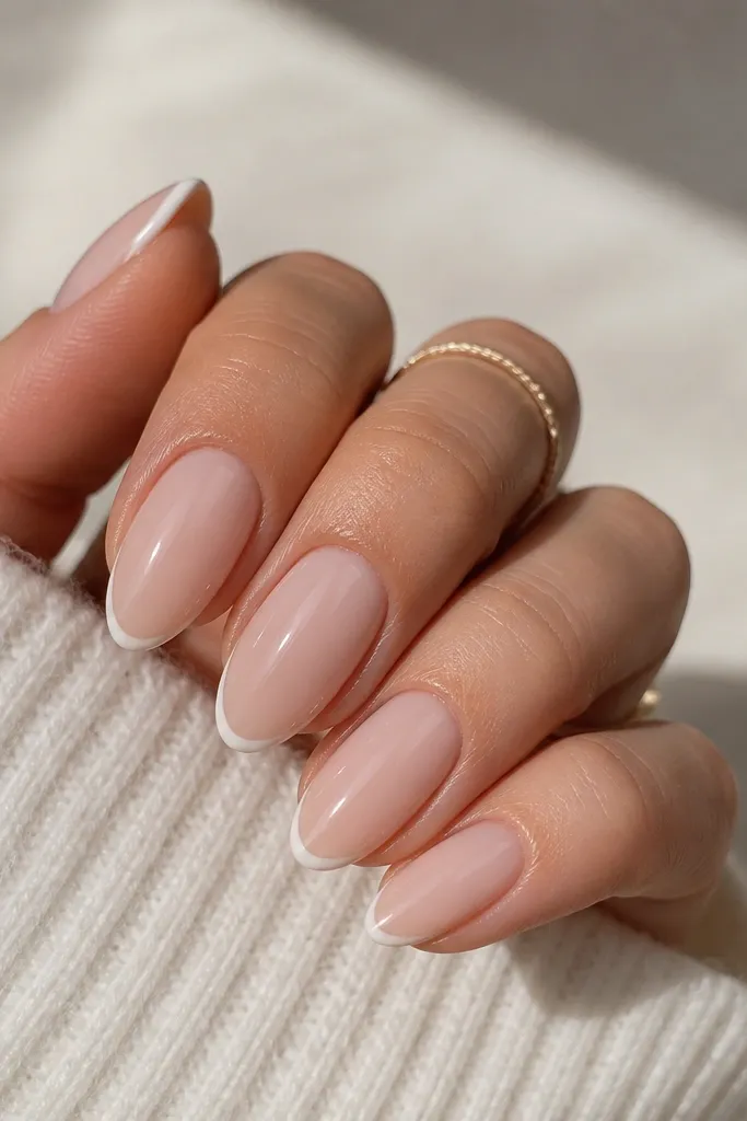 A set of almond BIAB nails in a milky nude base with ultra-thin white micro French tips. The white line is narrow, centered, and stops short of the sidewalls, leaving a clean nude edge on both sides. The nails have a glossy top coat and the cuticle area is smooth and even.