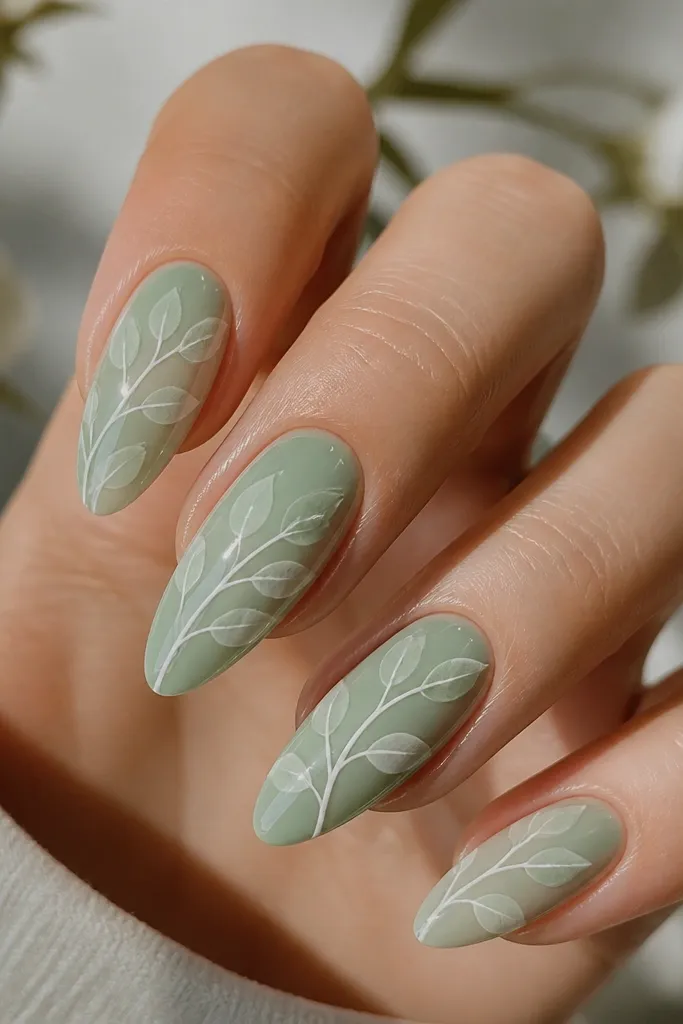 Almond nails with a sheer sage green base that looks like soft glass. White leaf vein lines branch from the center and curve toward the tip, with a few faint translucent leaf shapes. The design is airy, with lots of visible base color. Glossy finish.