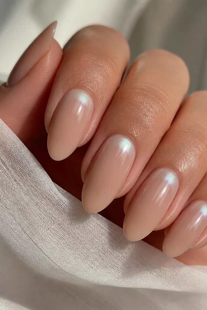 Almond nails in a champagne nude base with a soft opal chrome halo around the cuticle. The chrome looks like a misty ring that fades outward, with a pearly sheen. The tips stay nude and glossy, with no heavy chrome coverage.