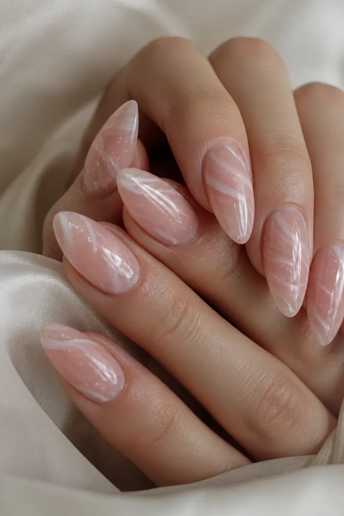 Almond nails with a semi-translucent rose quartz base and thin clear gel swirls that look like marbling. The swirls are glossy and slightly raised, with a few tiny sparkly specks embedded in the gel. The overall look is soft, cloudy, and flattering.