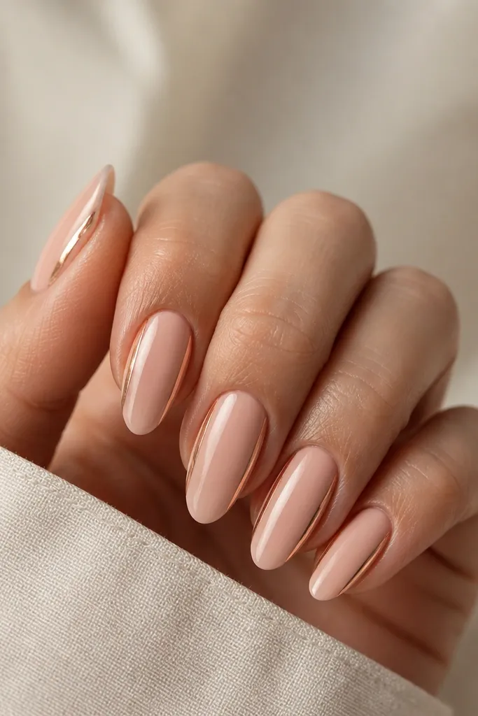 Almond nails in a peachy nude base with two thin copper stripes running vertically near the outer side edges. The stripes are straight and narrow, with a metallic shine. The center of each nail stays plain and glossy, and the stripes stop a few millimeters before the tip.