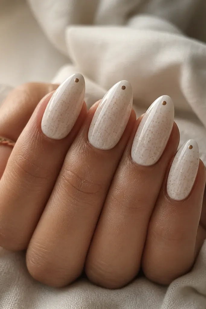 Almond nails with a creamy white base. There are tiny latte-brown speckles scattered lightly across the center and fading toward the sides. Each nail also has one small center dot near the tip, like a coffee-bean highlight. Glossy finish.