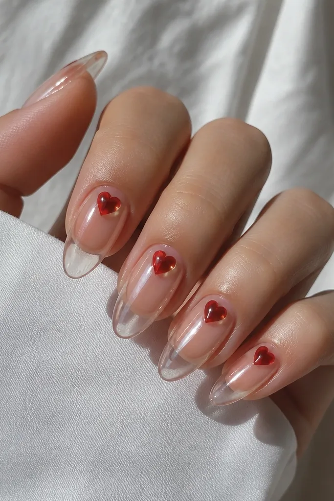 Almond nails with a clear jelly BIAB base so the nail looks like glossy glass. Near the cuticle, there's a small red jelly heart centered on the nail, and the heart has a slightly domed look. The rest of the nail is clear with a glossy finish.