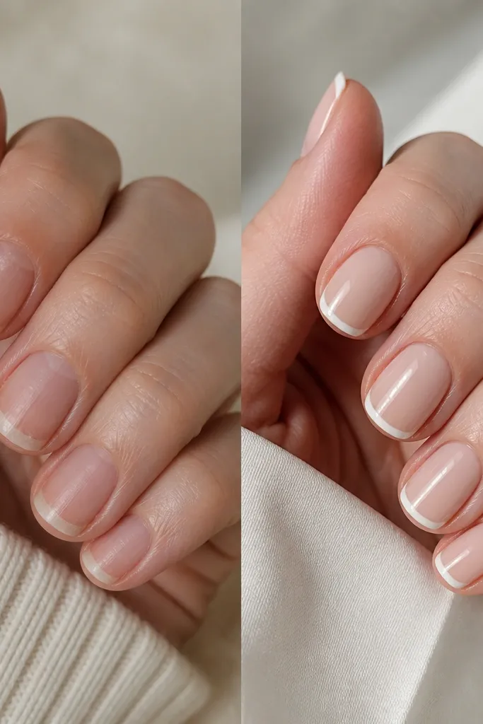 A left-right before/after set on short natural nails. The before nails look thin and uneven with peeling at the tips. The after shows a milky nude base with a crisp micro French line at the free edge, glossy topcoat, and a slightly squared oval shape.