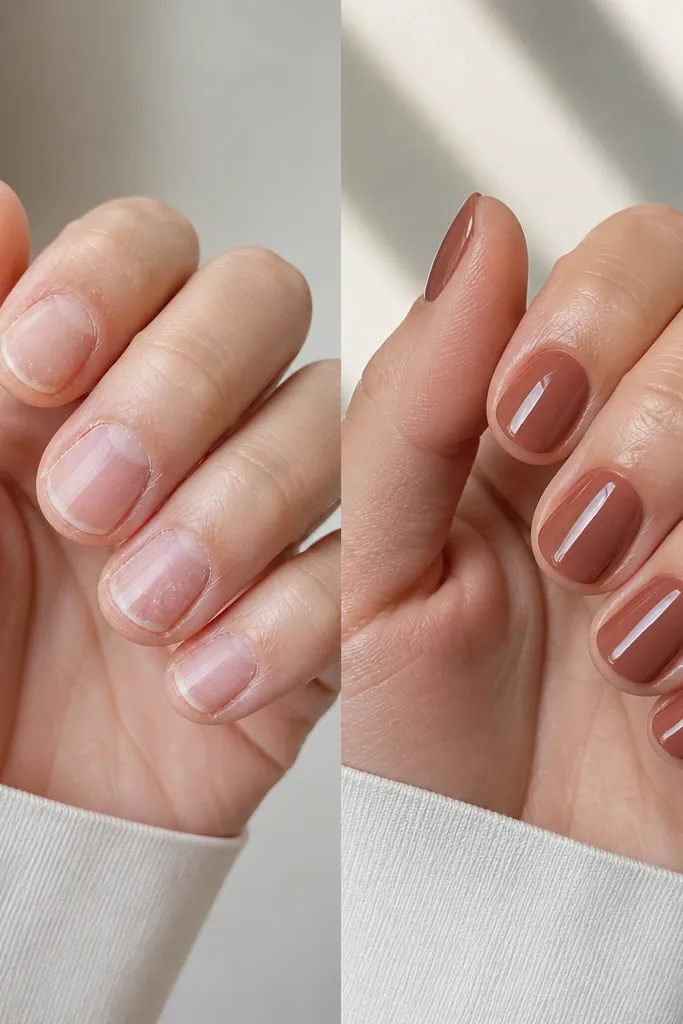 Before/after nails on hands with short, uneven natural nails. The before shows dry cuticles and a dull, patchy look. The after has a cinnamon-brown builder base and a glossy clear jelly layer that makes the color look deeper and slightly dimensional.