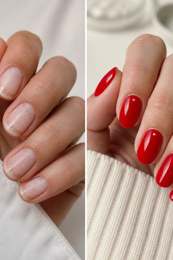 Two-panel before/after. The before nails are short with peeling at the tip and a patchy neutral tone. The after shows glossy classic red on an oval shape with a tiny dot near the cuticle on each nail, and tidy cuticle edges.